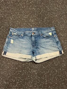 7 For All Mankind Blue Distressed Roll-Cuff Denim Shorts